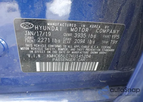 2019 Hyundai Ioniq Blue from USA, damaged, VIN KMHC65LC7KU145204